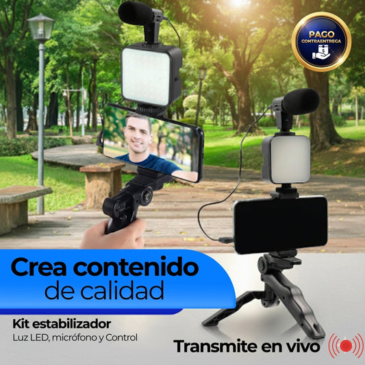 📱🎬 Kit Creador de Contenido: Estabilizador para Celular + Luz LED + Micrófono