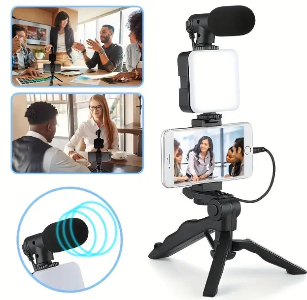 📱🎬 Kit Creador de Contenido: Estabilizador para Celular + Luz LED + Micrófono