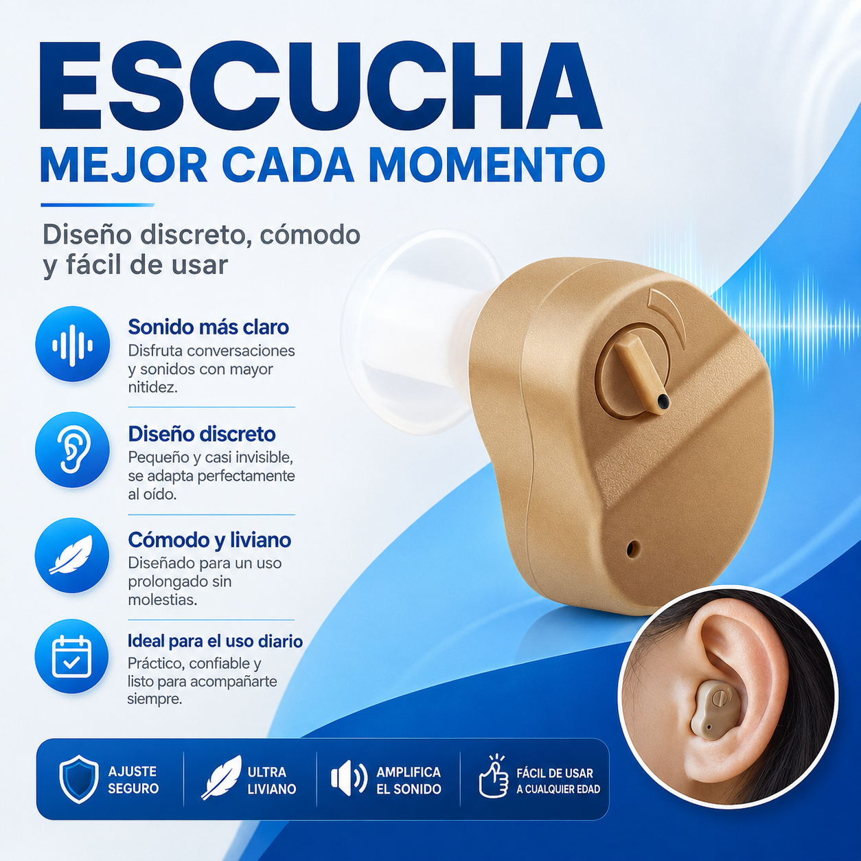Audífono Amplificador Auditivo Intraauricular – Sonido Más Claro y Cómodo en Minutos
