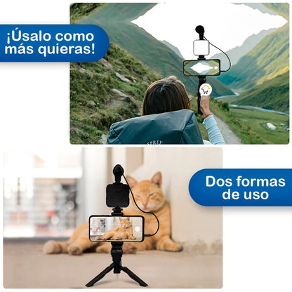 📱🎬 Kit Creador de Contenido: Estabilizador para Celular + Luz LED + Micrófono